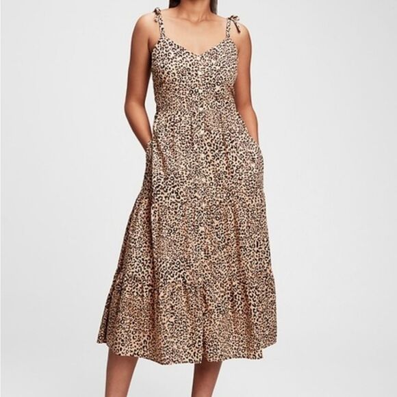 GAP 10 Leopard Midi Dress Button Front Tiered Tie Shoulder Animal Print Tan - Picture 1 of 9